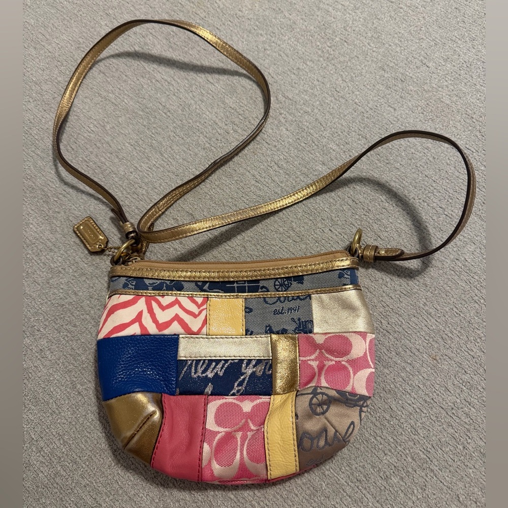 EUC Vintage Coach Patchwork Gold Accent Mini Pouch Purse Bag Rare Vintage Y2K